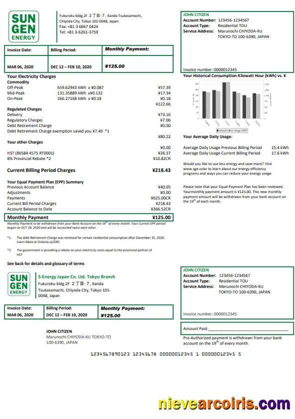 Japan S-Energy Japan Co Ltd Tokyo Branch utility bill